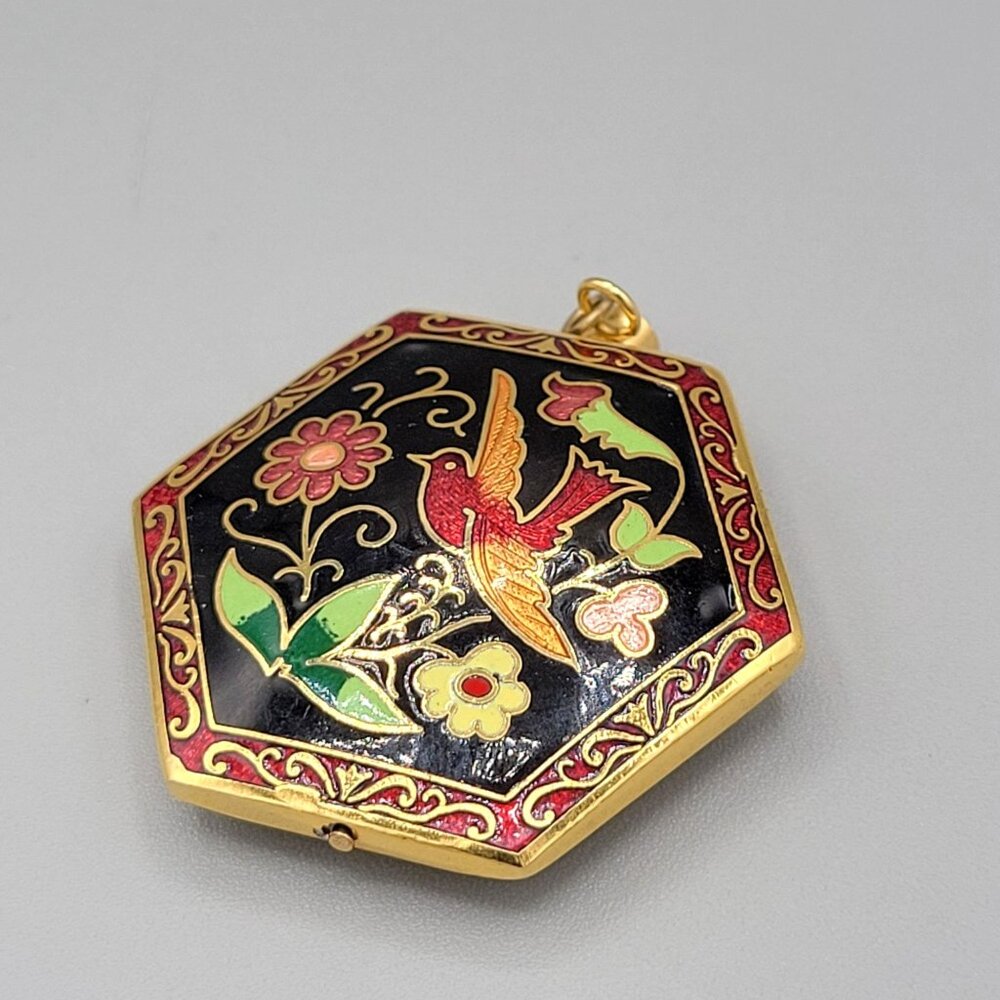 Cloisonne Pendant Colorful Bird Flowers Floral Scrollwork Edge Hexagonal Shape - Picture 1 of 4